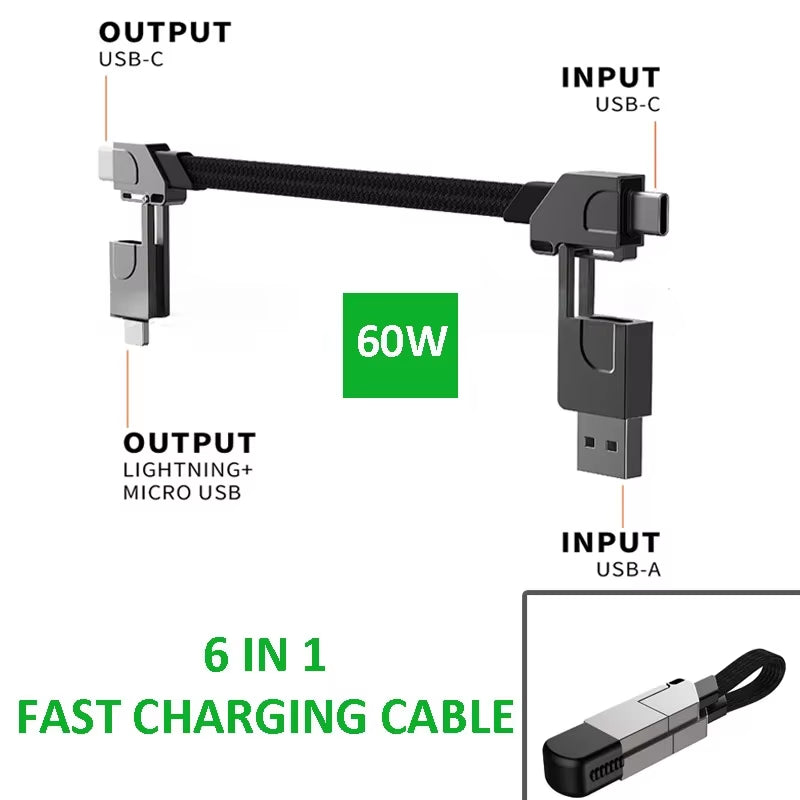 VALSROY™ 6-in-1 Keychain Cable | Android & iOS | PD 60W