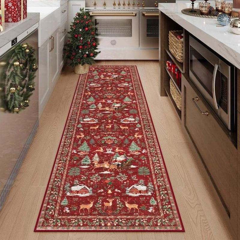 VALSROY™ Santa & Reindeer Long Rug – Non-Slip, Washable
