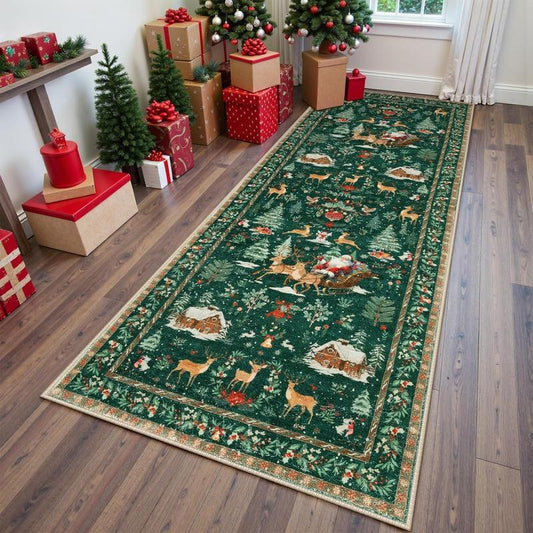 VALSROY™ Santa & Reindeer Long Rug – Non-Slip, Washable