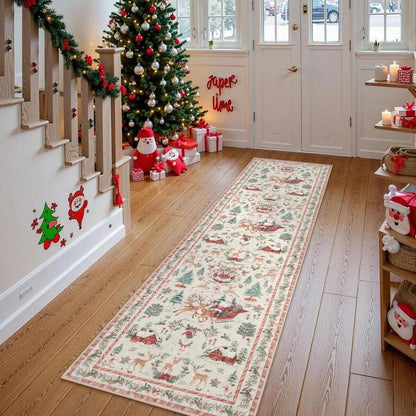 VALSROY™ Santa & Reindeer Long Rug – Non-Slip, Washable