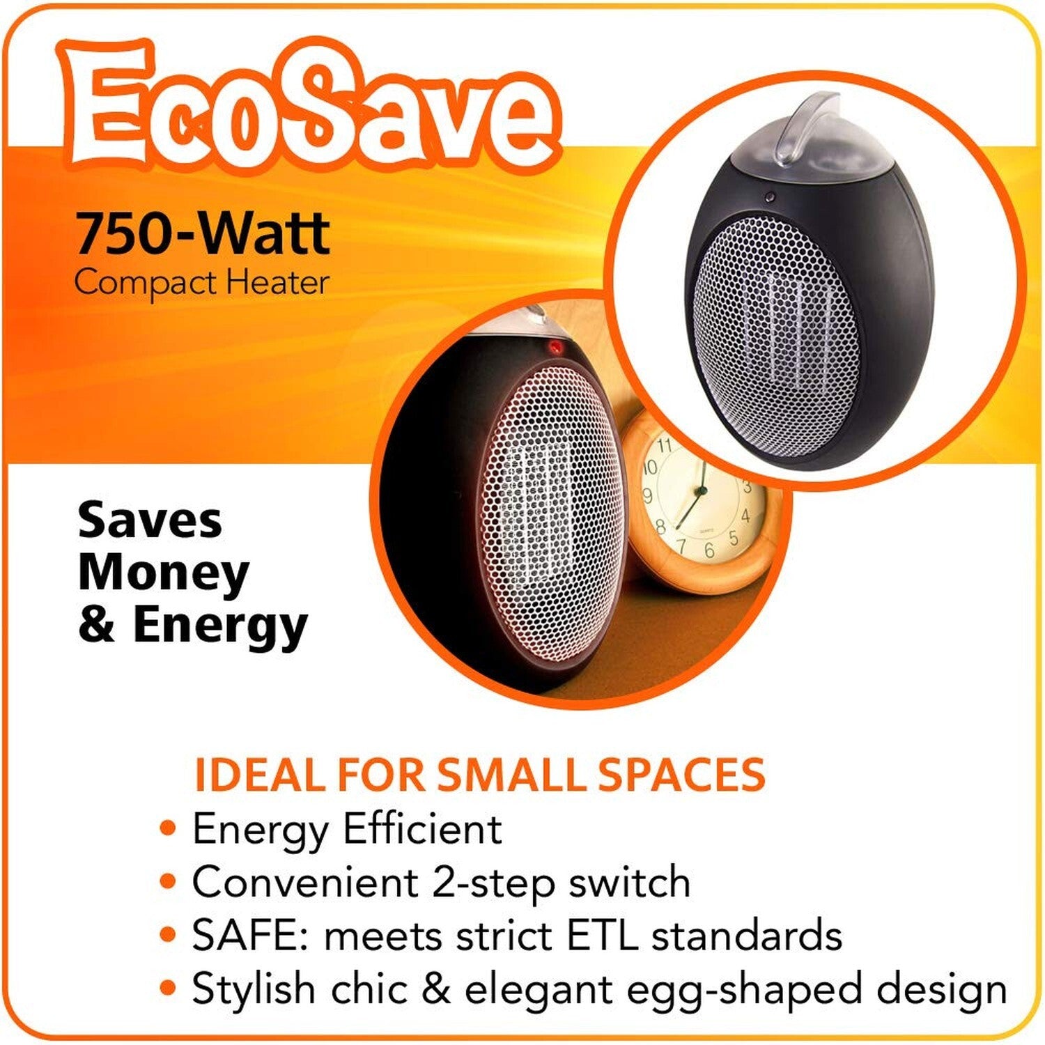 ESH Eco-Save Compact Personal Space Heater - 750-Watts, ETL Listed, Eco-Frien...