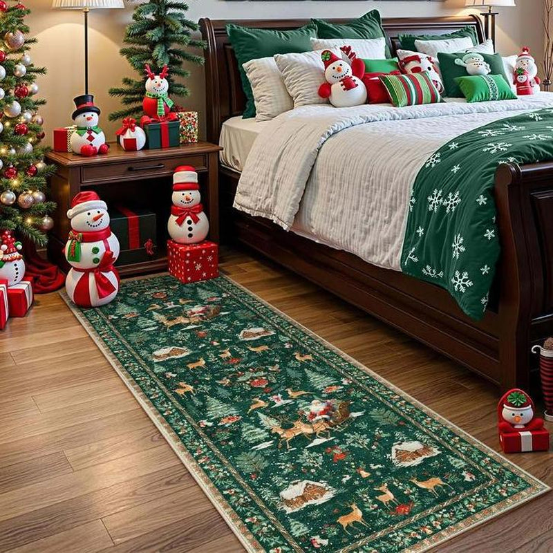 VALSROY™ Santa & Reindeer Long Rug – Non-Slip, Washable