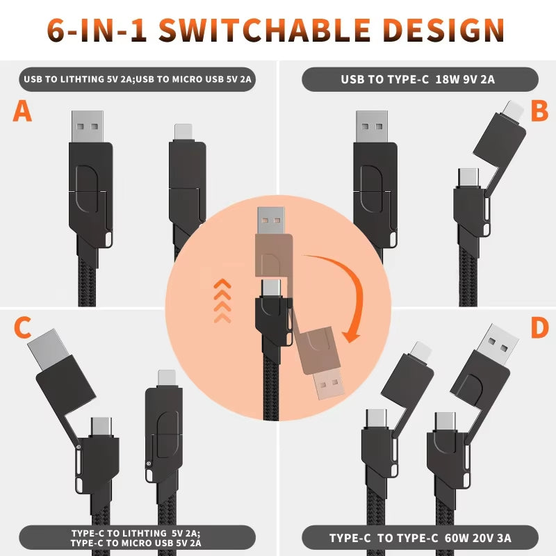 VALSROY™ 6-in-1 Keychain Cable | Android & iOS | PD 60W