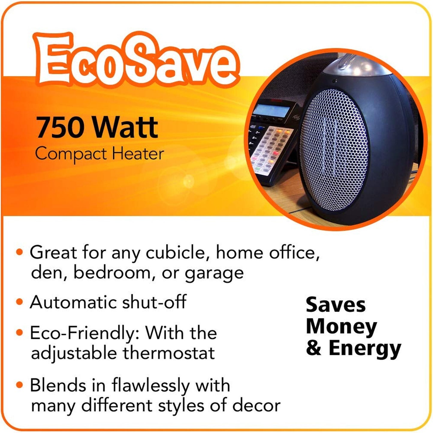ESH Eco-Save Compact Personal Space Heater - 750-Watts, ETL Listed, Eco-Frien...