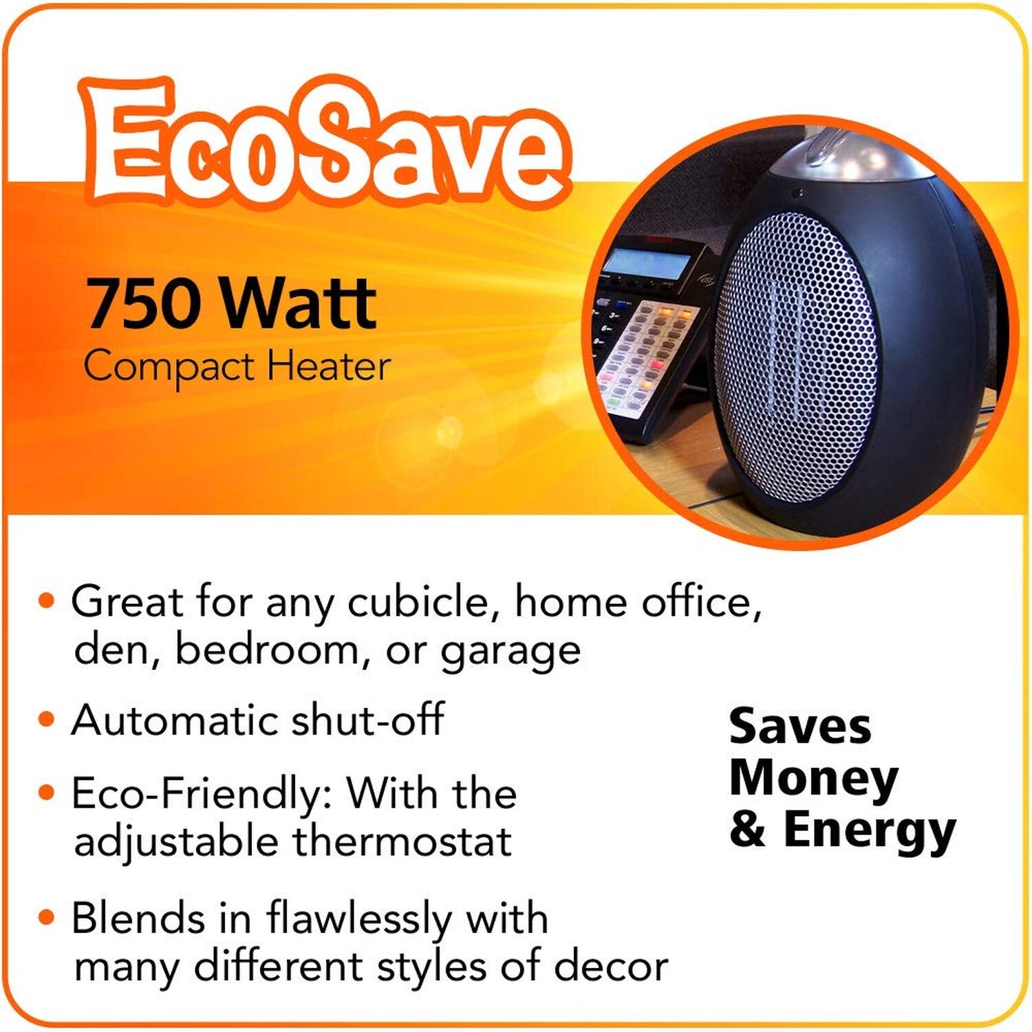 ESH Eco-Save Compact Personal Space Heater - 750-Watts, ETL Listed, Eco-Frien...