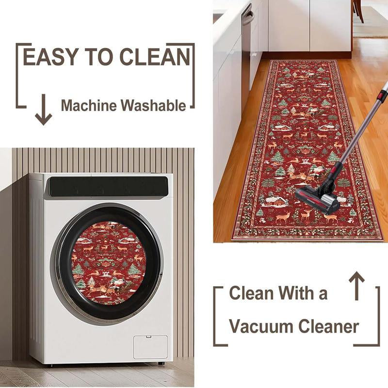 VALSROY™ Santa & Reindeer Long Rug – Non-Slip, Washable