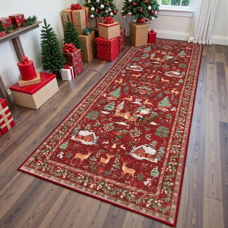 VALSROY™ Santa & Reindeer Long Rug – Non-Slip, Washable